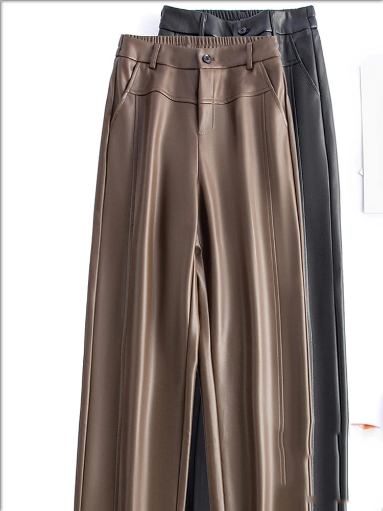 2025 autumn and winter new style leather pants elastic high waisted slim fit commute straight leg pants for women