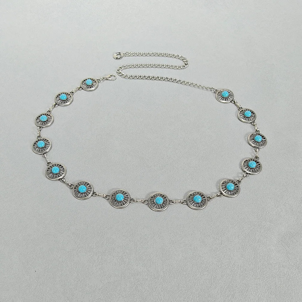 Silver Bohemian Female Metal waist chain Belt luxury Blue Gemstone Ellipse Designer Belts for Women Long Waistband Punk