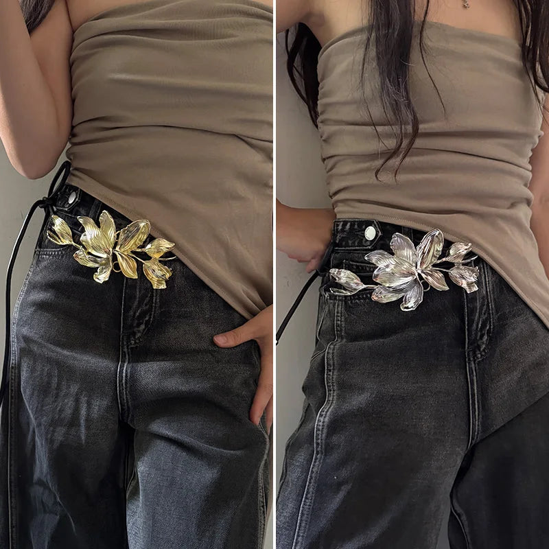 Women Luxury Fashion Design Metal Tulip Flower Waistband Chain Skirt Pants Dress Jeans Coat Shirt Clothes Decoration Black Belt