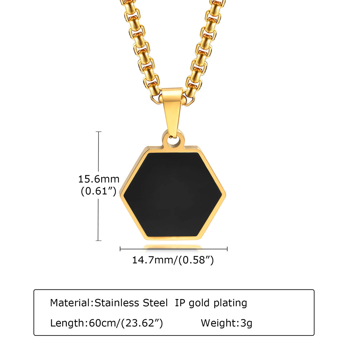 Casual Black Hexagon Necklaces for Men Jewelry, Gold Color Stainless Steel Geometric Pendant with Box Chain Collar