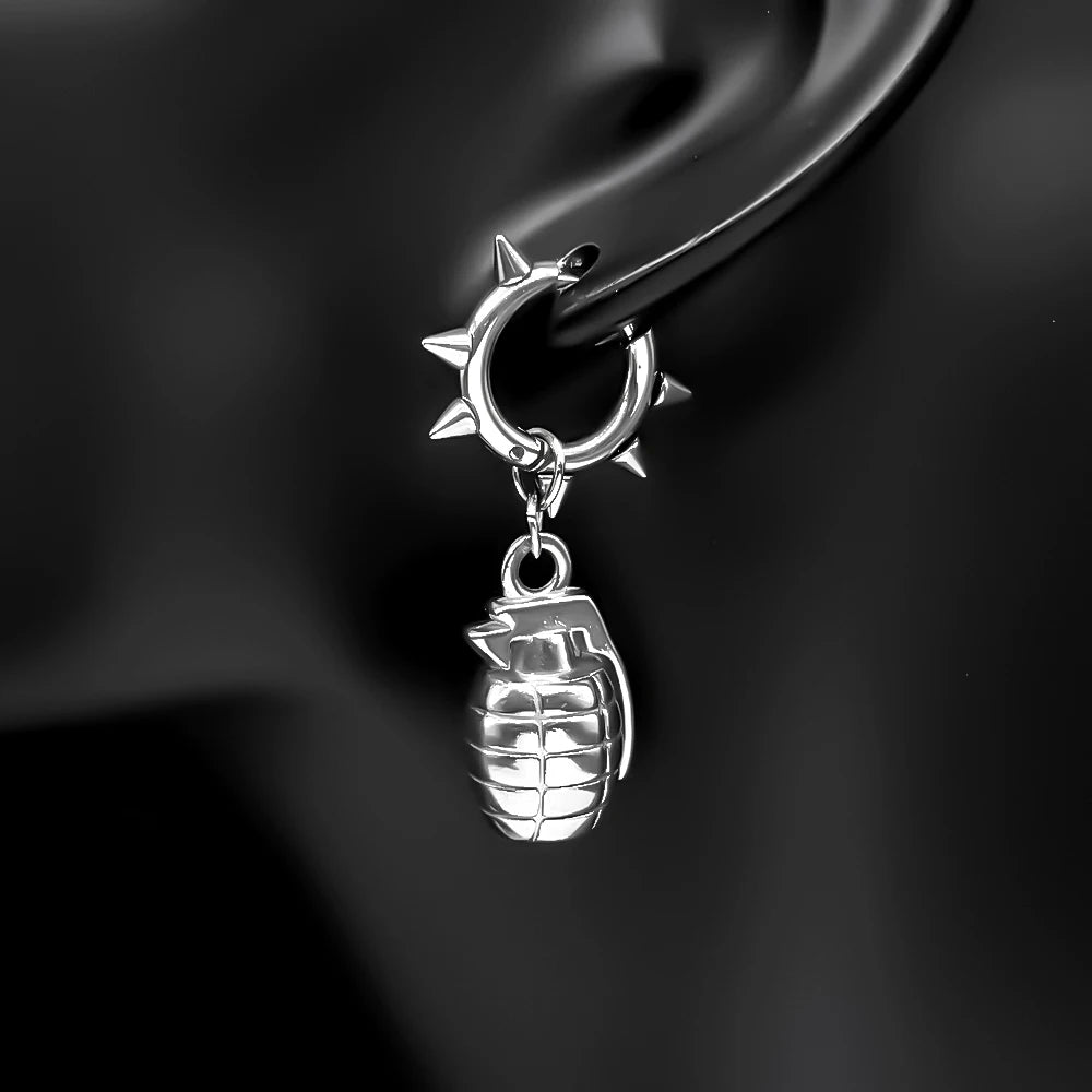 Funny Grenade Rivet Earrings For Men Women  Stainless Steel Silver Color Hiphop Rock Party Male Punk Hoop Ear Ring Jewelry Gift