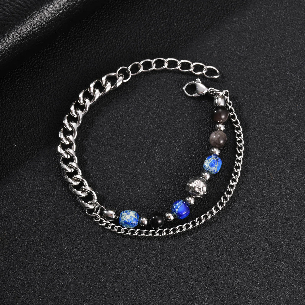 Hip Hop Natural Stone Beaded Bracelet for Men,Stainless Steel Turquoise Double Layer Spliced Chain Bracelet,Boho Jewelry