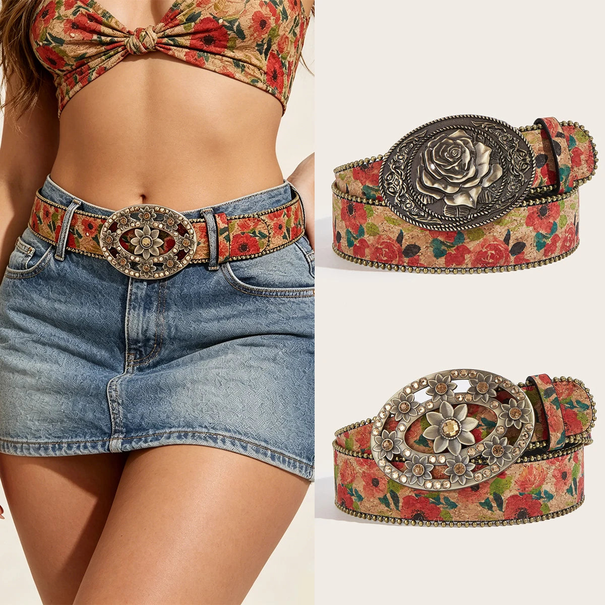 PENDRA Irisyne Leather D-Buckle Floral Engraved Belt