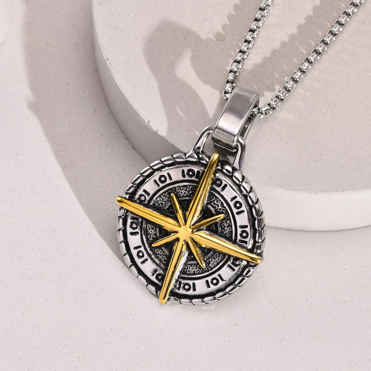 North Star Men Necklace ,Stainless Steel Compass Pendant,Mens Jewelry, Coin Form Handmade Necklace