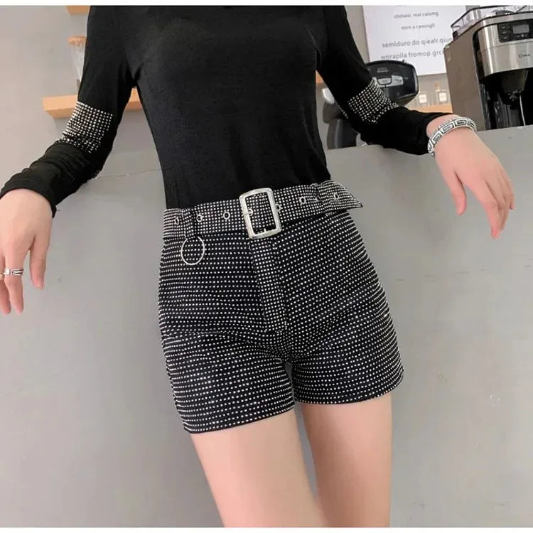 Rhinestone Shorts Women Wide Leg Shorts High Waist Sexy New Fashion Elastic Waist Diamond Casual Hot Pants Female belt