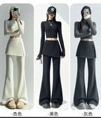 Fake two pieces fart curtain slightly flared pants women autumn winter high waisted buttons slimming floor hugging pants