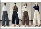 Corduroy cargo wide leg pants women in winter 2025 new high waisted loose fit slimming and ankle tied casual pants