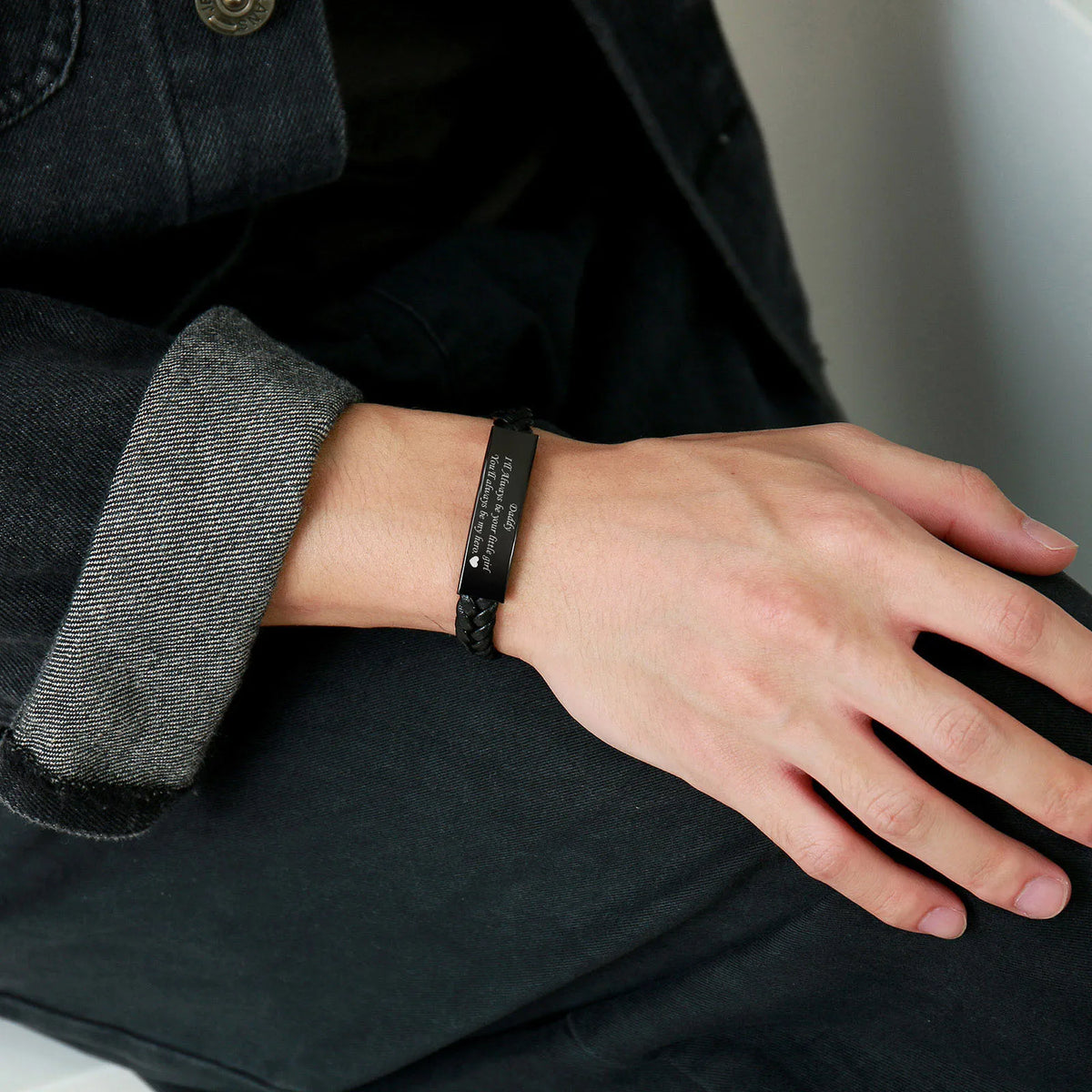 Black Leather Bracelet for Dad Him Men,Engraved Touching Words Stainless Steel Metal Wrsitband,Father's Day Gift