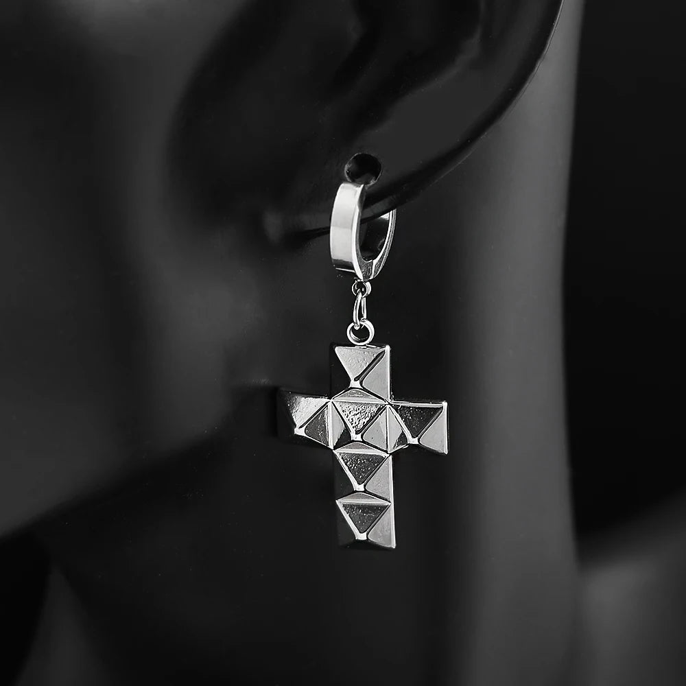 Stainless Steel Studded Rivet Cross Hoop Earrings Cool Punk Gothic Rock Pyramid Cross Drop Earrings for Men Women Goth Jewelry
