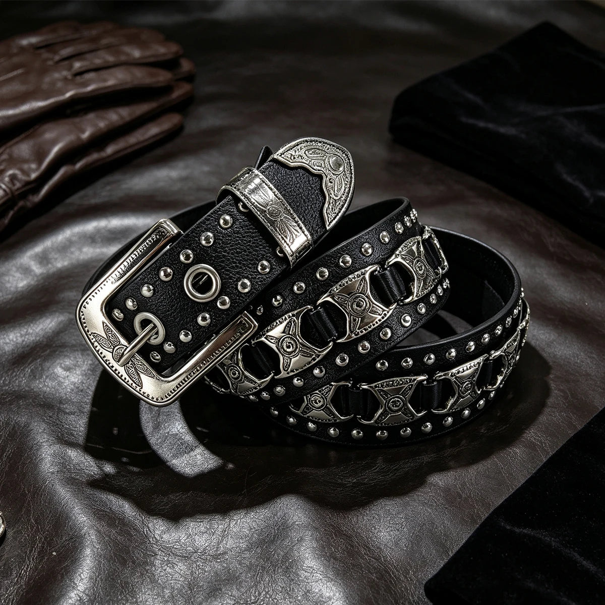 New Fashion Men's European And American Punk Belt Women's Rivet Wide Waist Cross Border Jeans Belt Unisex Gothic Accessories
