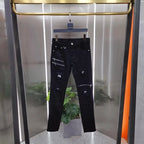 Luxury 2023 Men's High Street Korean Black Jeans with Zipper Distressed Hole Designer Youth Trend Slim-Fit Black Cotton Trousers