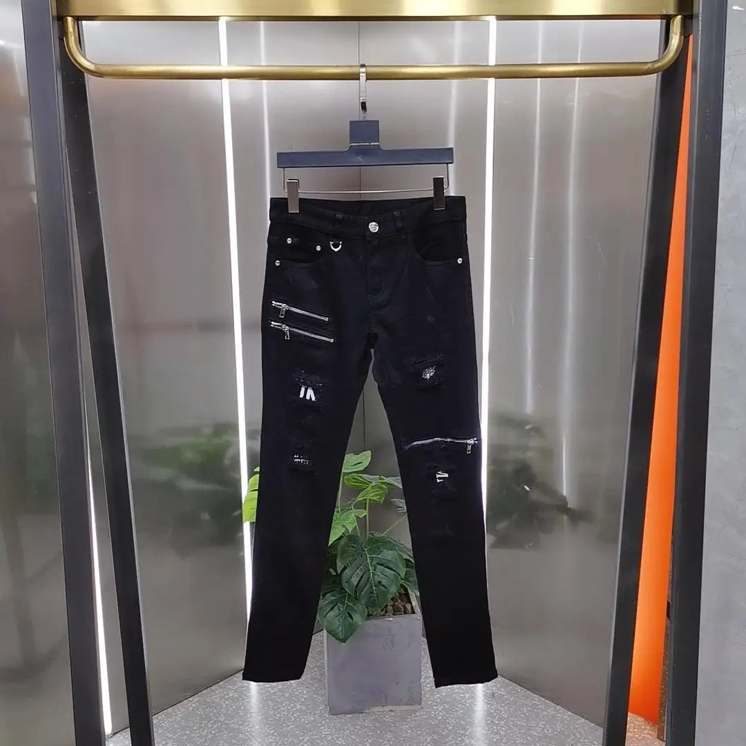 Luxury 2023 Men's High Street Korean Black Jeans with Zipper Distressed Hole Designer Youth Trend Slim-Fit Black Cotton Trousers