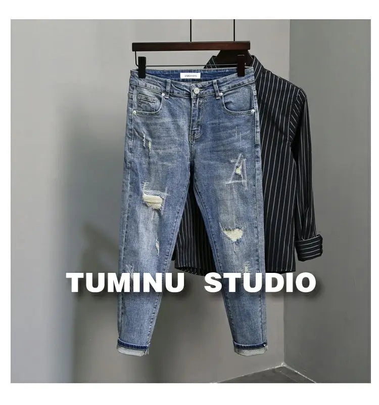 Casual Spring and Autumn Slim Denim Pencil Pants Men's Jean 2024 New Broken Hole Slim Fit Beggar Design High Street Washed Jeans