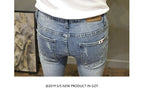 Light-colored Distressed Denim Cropped Trousers For Men Personality Slant Pocket Design, Embroidered Slim-fit Pencil Trousers