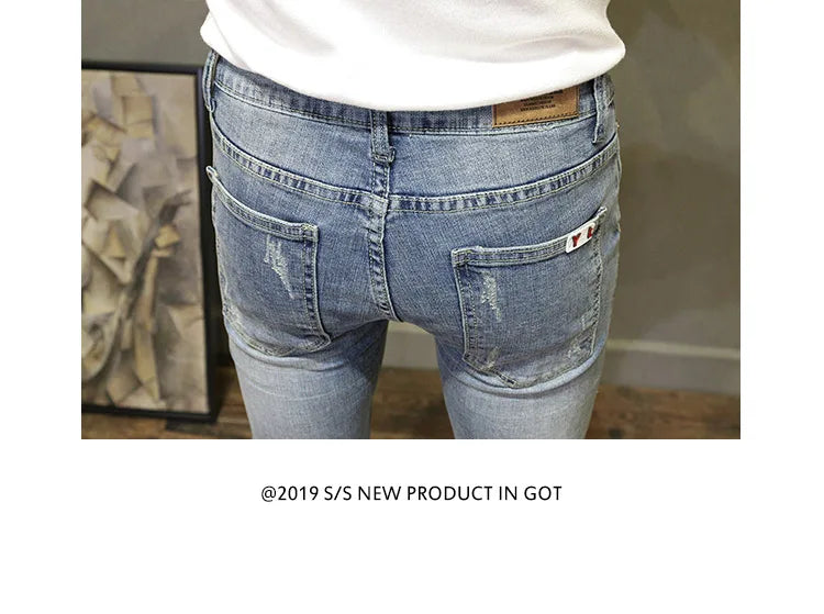 Light-colored Distressed Denim Cropped Trousers For Men Personality Slant Pocket Design, Embroidered Slim-fit Pencil Trousers