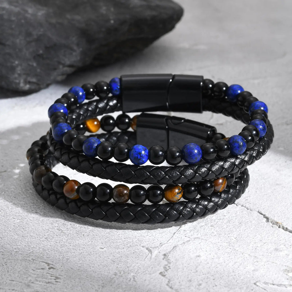 Punk Men Natural Stone Stackable Leather Bracelet,Multilayer Braided PU Wristband with Magnetic Buckle,Punk Casual Jewelry Gift