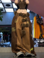 Retro leopard print patchwork brown casual pants women autumn winter plush embroidery street personality loose dance pants