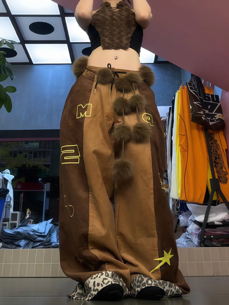 Retro leopard print patchwork brown casual pants women autumn winter plush embroidery street personality loose dance pants