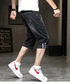 Clothes Y2k Man 2000s Summer Thin Stripe Men's Loose Casual Shorts Korean Denim Luxury  Elastic Waist Knee Pants Black Jeans Man