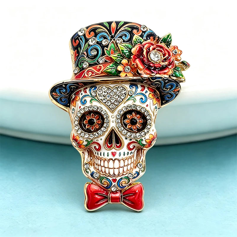 PENDRA Nocturne 2-Color Rhinestone Skull Rose Brooch