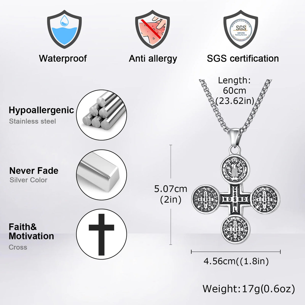 Saint Benedict Pendant Necklace for Men,Stainless Steel Religious Cross Pendant Necklace,Faith Prayer Jewelry
