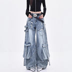 Female Trendy Loose Straight Wide Leg Denim Pants American Style High Street Three-dimensional With ribbons Design Pants