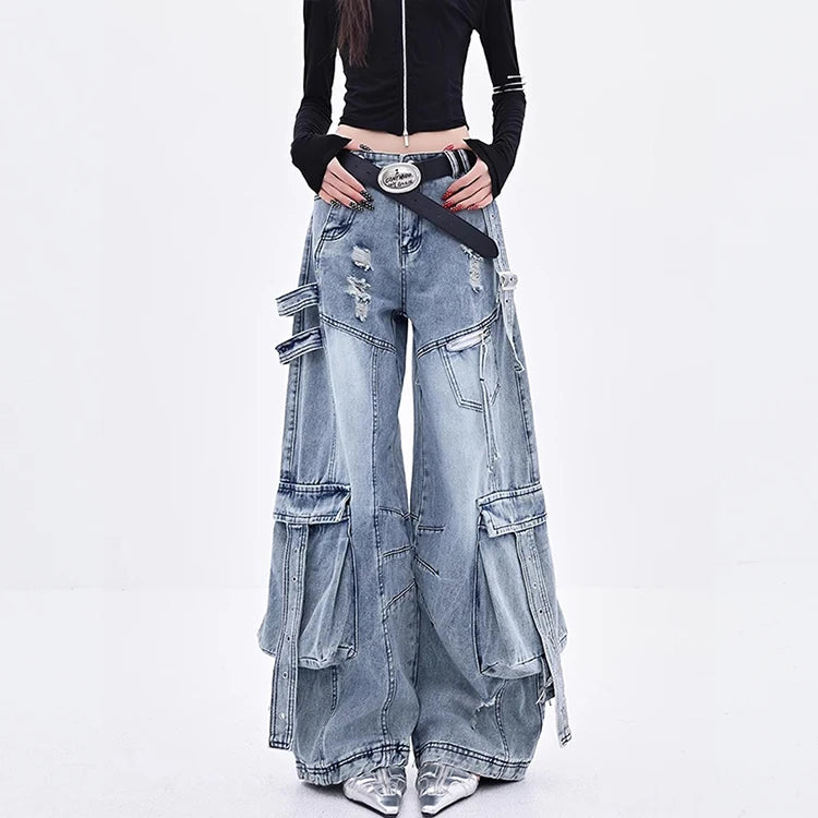 Female Trendy Loose Straight Wide Leg Denim Pants American Style High Street Three-dimensional With ribbons Design Pants