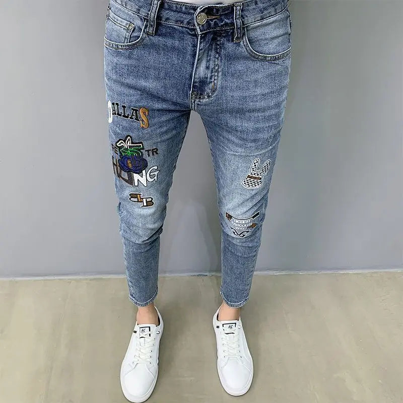 Luxury Brand Men's Slim Denim Jeans Casual Pencil Pants with Embroidery 2024 New Korean Fashion Autumn Summer Blue Long Pants