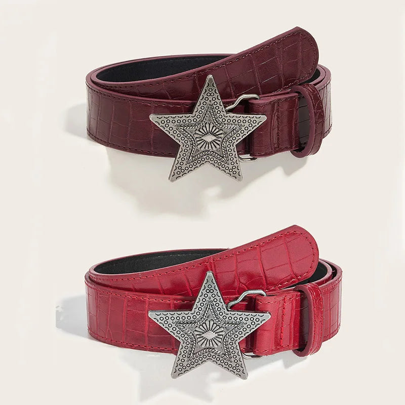 Width 3.3cm Hip-hop Retro Ladies Belt Gothic Punk Five-pointed Star Buckle Pu Leather Girdle Rock Y2k Popular Red Waistband