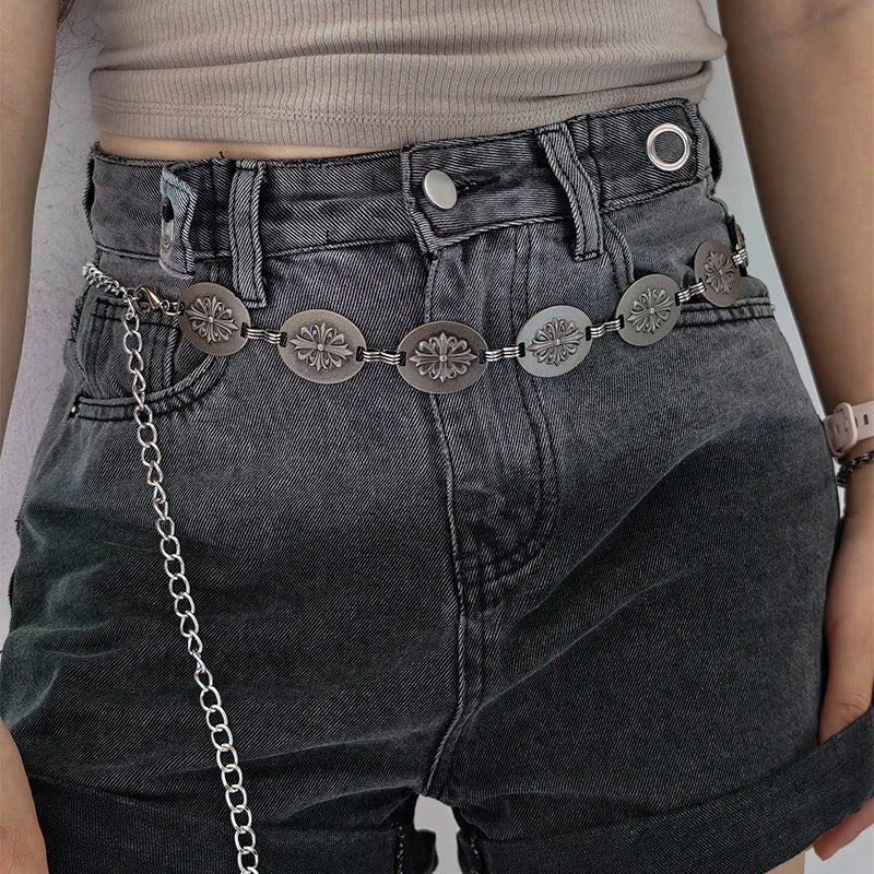 Gothic Bohemian Female Metal waist chain Belt luxury Brands Vintage Cross Designer Dress Belts for Women Long Waistband Punk