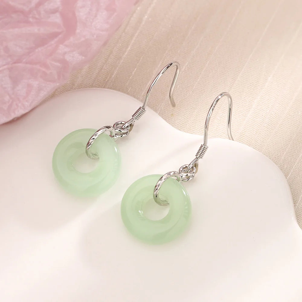 VENTFILLE Hetian Jade Ear Hook Earring Women's High-end Temperament Ethnic Style Retro Earrings Cloisonne Craft Dangler Gift