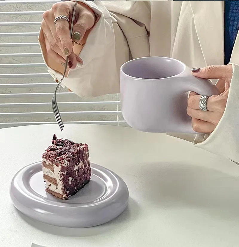 Creative chubby ceramic cup and saucer set, big handle design ins wind mug, macaron breakfast coffee