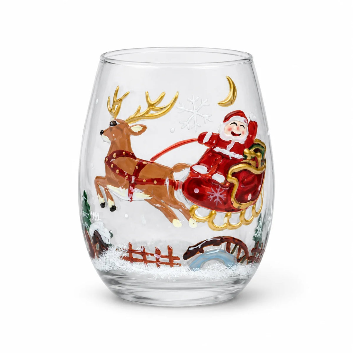 PENDRA Santa Reindeer Snowman Hand-Painted Christmas Whiskey Glass