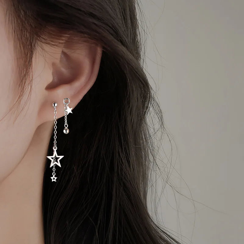 VENTFILLE 925 Stamp Asymmetrical Small Star Earrings for Women Personality Starlight Studs Earrings Korean Silver Color Jewelry