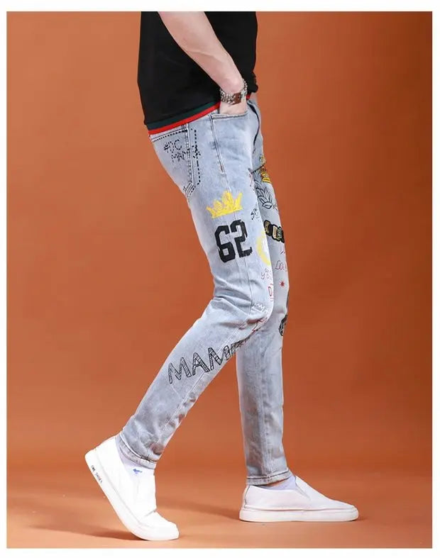 Spring Autumn Harajuku Fashion Art Craft Graphical Paintings 2000s Streetwear Male Slim Boyfriend Stylish Pants Denim Jeans Men