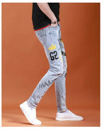 Spring Summer White Hot Drill Ripped Cowboy Korean Style Streetwear Men Washed Luxury Holes Slim Hip-hop Stylish Jeans Trousers