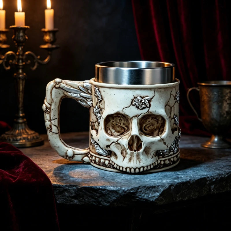 Halloween Spooky Skull Stein Mug 3D Relief Skeleton Pattern Stainless Steel Inner Tank Gothic Pub Bar Whiskey Wine Drink Cup