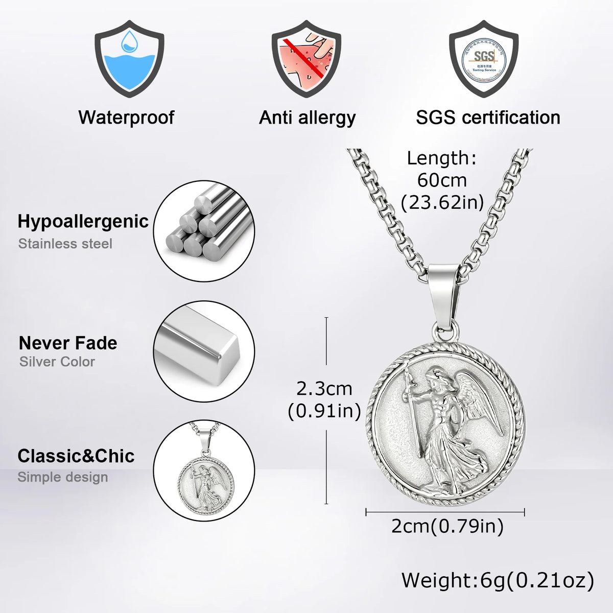 Saint Michael Archangel Pendant Necklace for Men,Stainless Steel Round Medal Neckalce,Religious Amulet Jewelry Gift