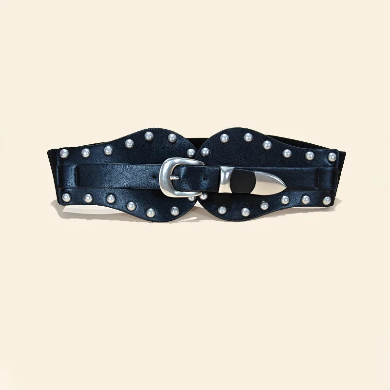 Retro Ladies Pu Leather Corset Belt Gothic Style Elastic Rivet Cummerbund Tie Rope Punk Accessory for Women Shirt Dress Belt
