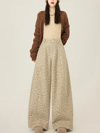 Lazy style floral print woolen suit pants women in winter new loose and versatile casual curved knife wide leg pants