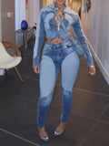 New Women's High-Elasticity, Fashionable, Sexy Color-Blocked Washed Denim Two-Piece Set, Featuring A Long-Sleeved Stand-Collar Zip-Up Top And Slim-Fit Jeans. Machine Washable.