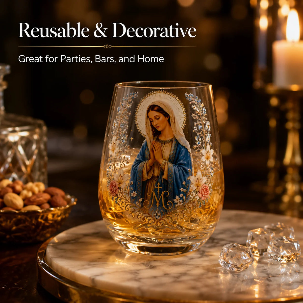 Virgin Mary 300ml Stemless Glass Tumbler Catholic Religious Whiskey Cup Christian Prayer Gift for Home Bar Decoration