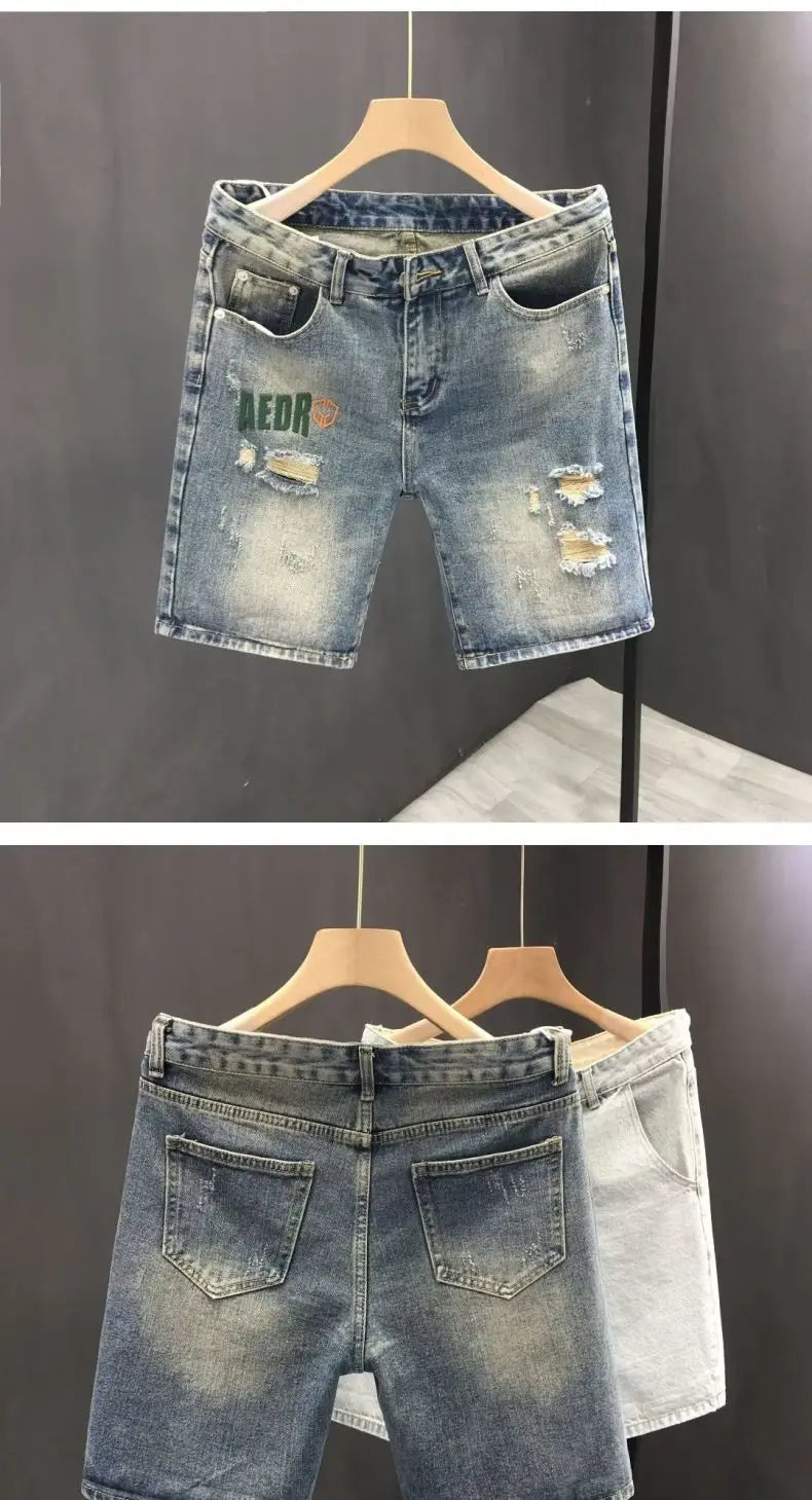 Summer Straight Ripped Shorts Trendy Thin Youth Casual Breeches Men's Fashion Handsome Denim Pants Clothes Man Short Jeans