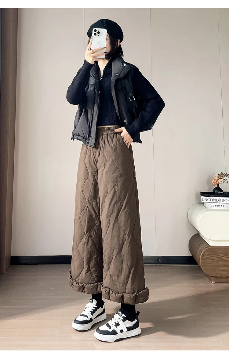 Elastic waist design down pants women winter cold resistant and warm high waist loose hanging casual straight leg pants