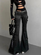 Black Low Waist Cargo Jeans 2000s Distressed Whiskers Multi-pocket Stretch Bootcut Pants Women Retro Grunge Streetwear