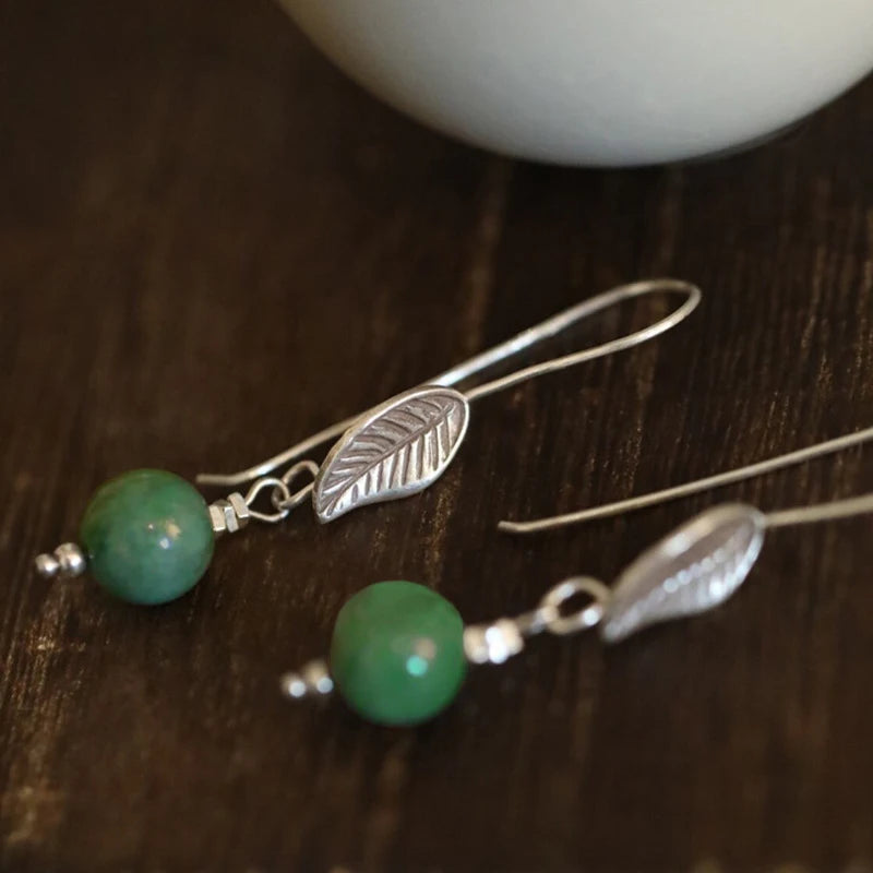 VENTFILLE Silver Color Leaf Drop Earrings For Women Girl Plant Retro Hotan Jade Ethnic Design Jewelry Gift Dropshipping