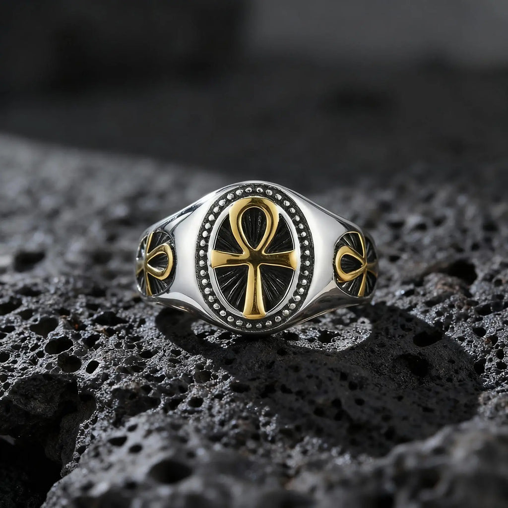 Punk Ankh Cross Rings for Men,Vintage Stainless Steel Signet Ring Statement Ring,Religious Amulet Jewelry Gift