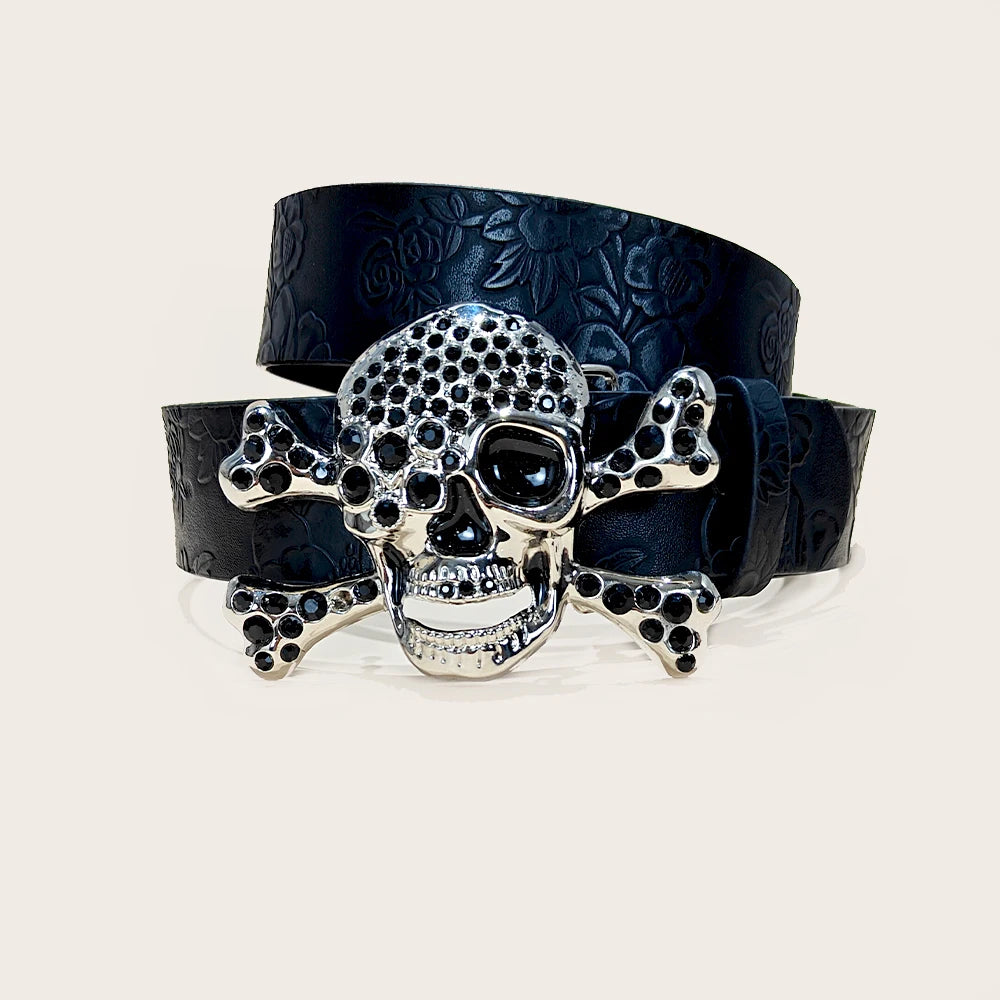 Gothic Accessories PU Leather Belt For men and women Skull Buckle Halloween Cosplay Decoration Floral Engraved Belt for Jeans