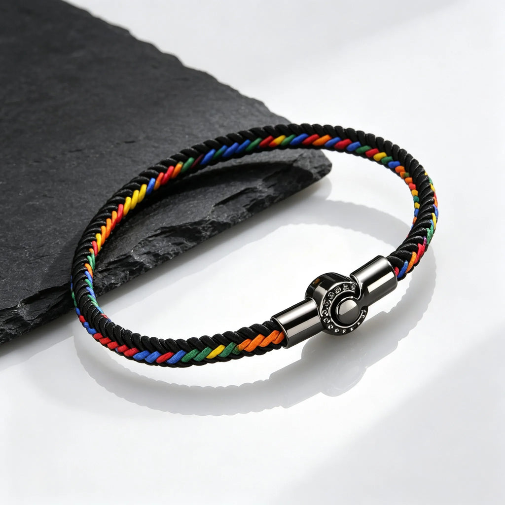 Men's Rainbow Braided Rope Bracelet,LGBT Pride Colorful Handmade Braided Bracelet with Stainless Steel Magnetic Clasp