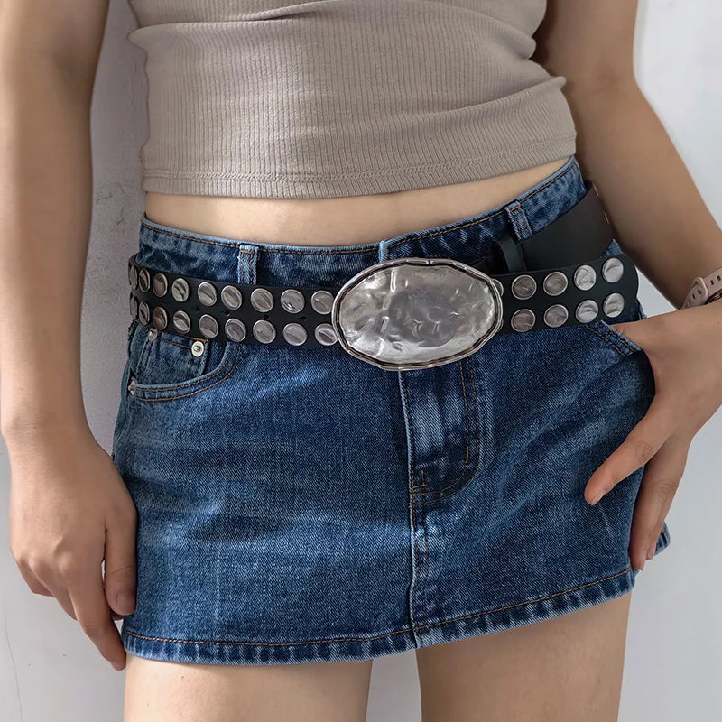 Heavy Punk Style Big Rivet Belt For Men And Women Ideal choice for Gifts New fashion personality Oval Buckle black Waistband